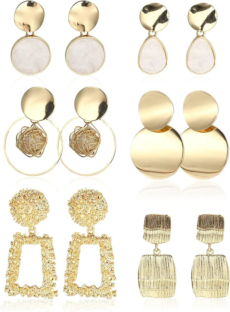 6Pairs Clip On Dangle Earrings for Women Geometric Statement Non Pierced Ear Clips Bohemian Golden Metal Earrings - Grocery