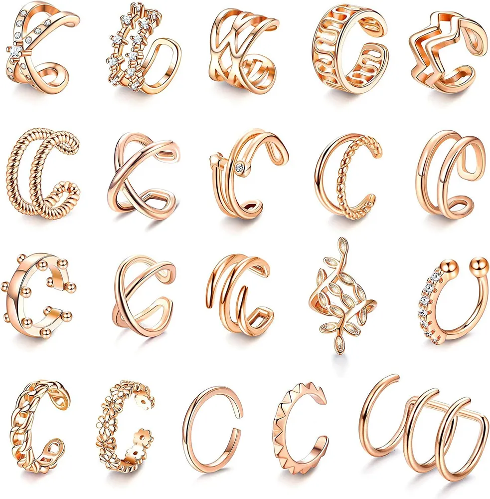 Adjustable Ear Cuffs Earrings for Women Fake Helix Cartilage Non Pierced Clip On Wrap Earring Set - Grocery