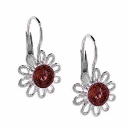 Sterling Silver Garnet Flower Leverback Earrings - Grocery