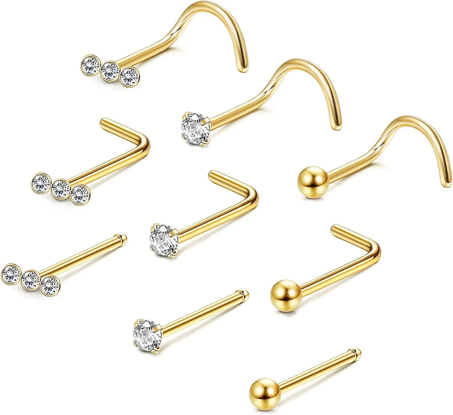 20G Nose Stud Rings for Women Men Surgical Triple Linear Ball Nose Studs Screw L Shaped Tragus Lip Piercing Set 9Pcs - Grocery