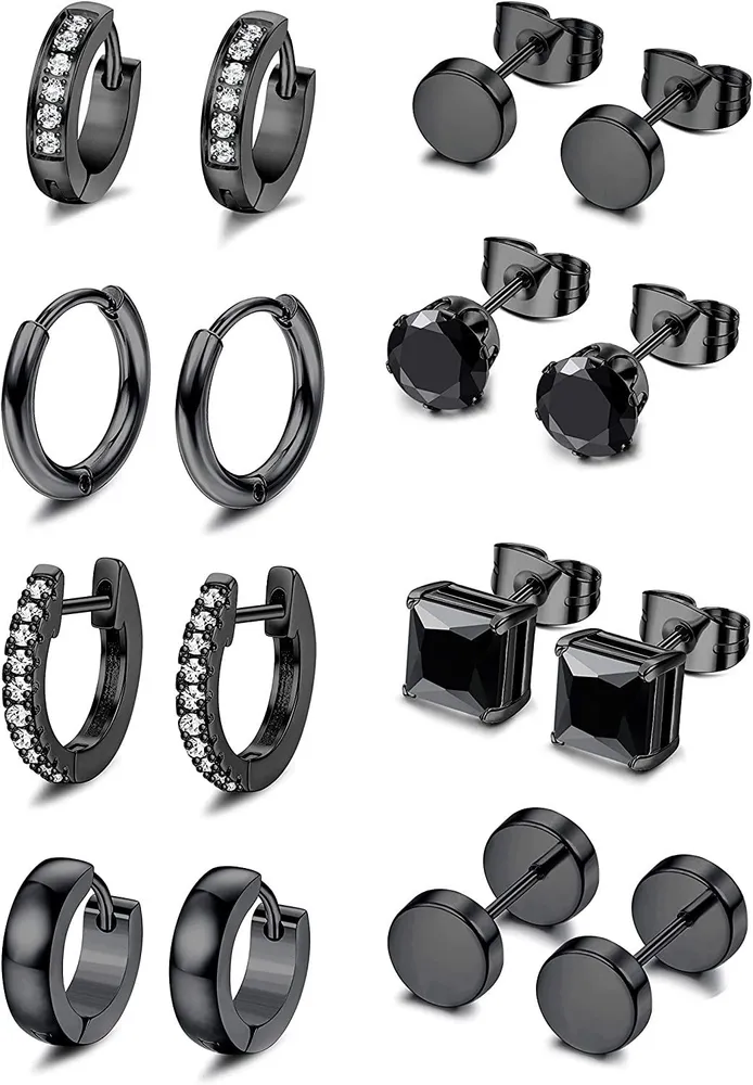 Black Stud Earrings Stainless Steel Sliver Huggie Hoop Earrings Tunnel Earring CZ Stud Earring Sets for Men 8 Pairs - Grocery