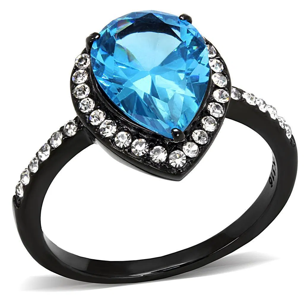 TK3057 - IP Black(Ion Plating) Stainless Steel Ring with Synthetic Synthetic Glass in Sea Blue - Grocery