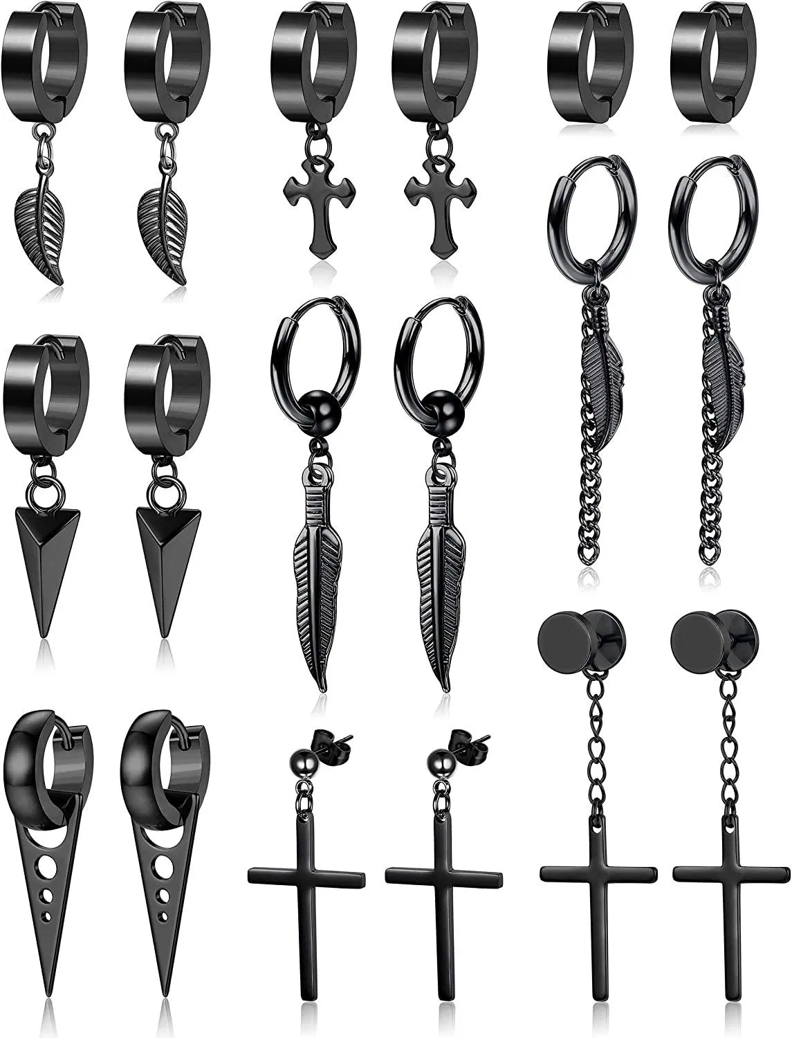 9Pairs Cross Dangle Earring for Men Women Stainless Hip Hop Feather Hinged Pendant Earrings Punk Hoop Cross Earring - Grocery
