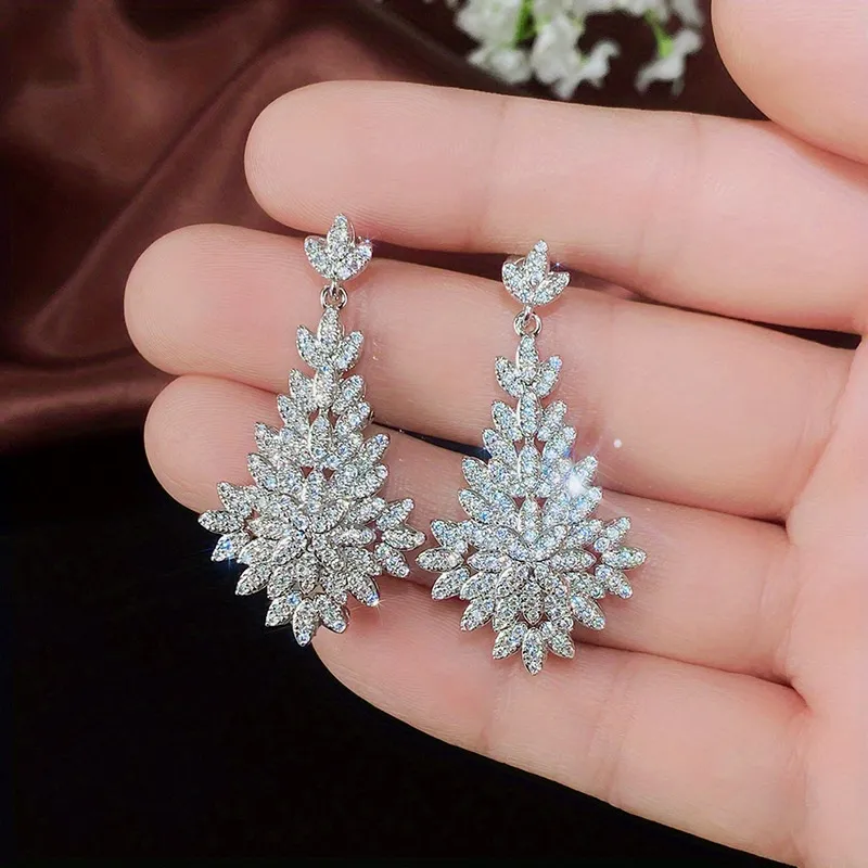 Elegant Luxury Style Shiny Zircon Decor Dangle Earrings Silver Plated Material For Women Wedding Engagement Banquet Jewelry Exquisite Gift - Grocery