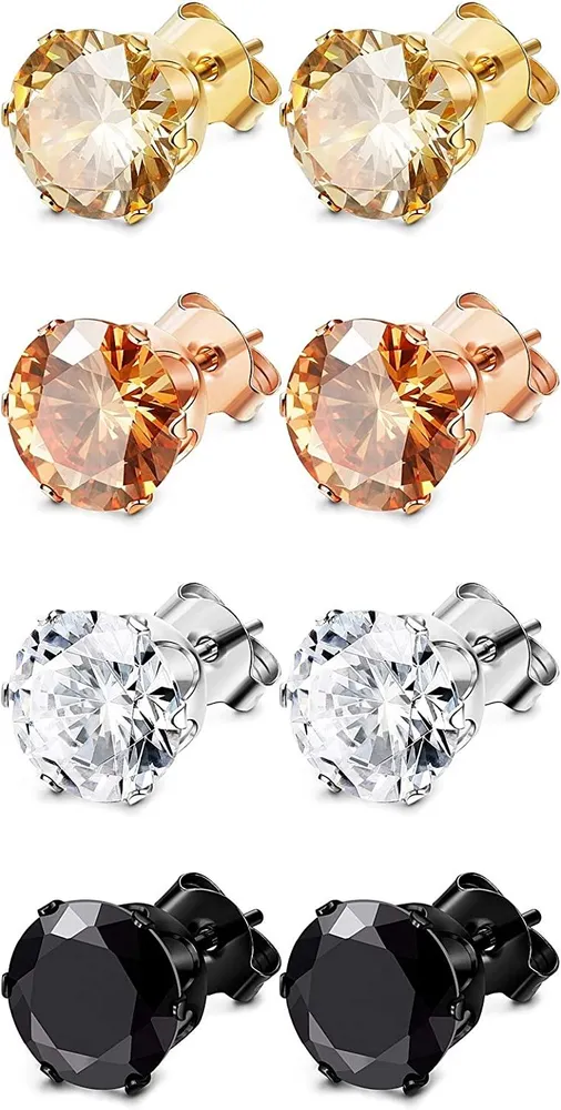 4 Pairs Stainless Steel Stud Earrings for Women Men Hypoallergenic Sparkle Cubic Zircornia Stud Earrings Set Ear Piercing 8mm - Grocery