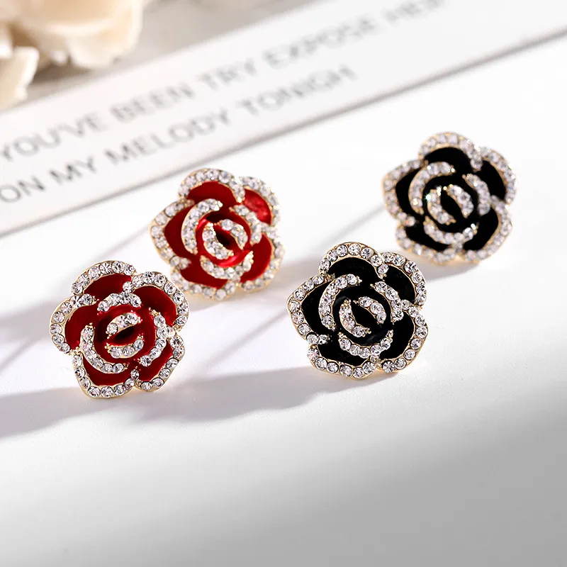 Earrings Red Rose Simple Rhinestone Earrings S925 Silver Stud Camellia Stud Earrings - Grocery