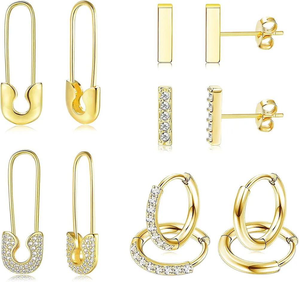 6 Pairs Gold Plated Huggies Hoop Earrings Set for Women Mini Bar Stud Earrings Pin Cartilage Huggie Cuff Earrings Set - Grocery