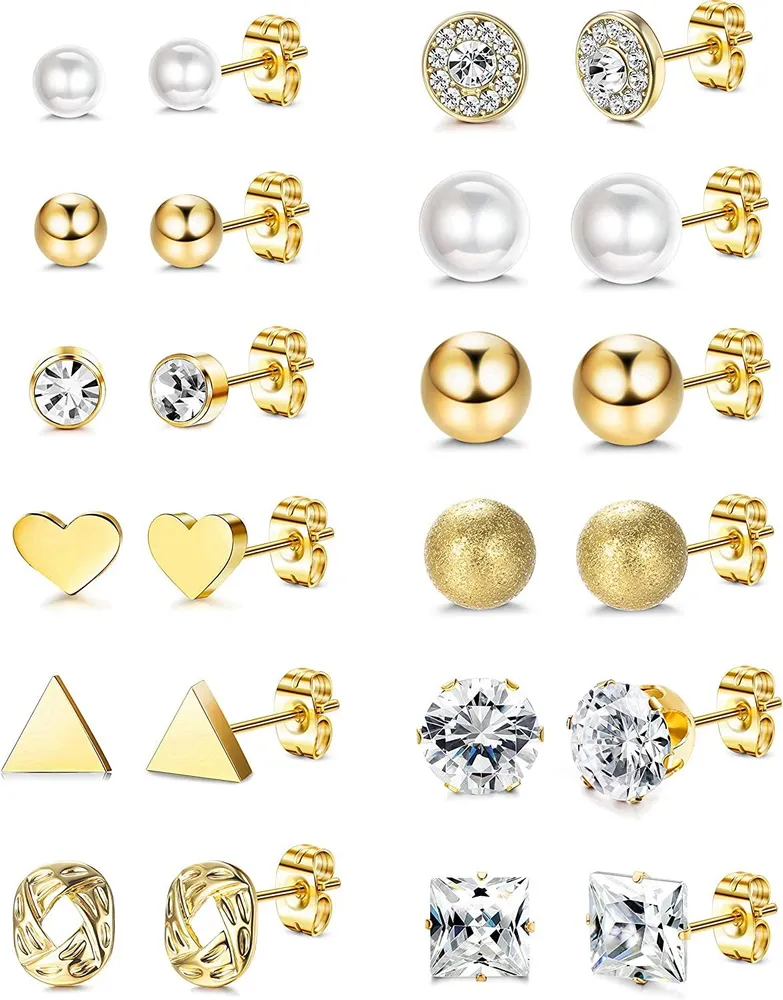 12 Pairs Stainless Stud Earrings for Women Men Crystal Pearl CZ Earring Set Tiny Triangle Round Ball Earrings Ear Stud Jewelry - Grocery