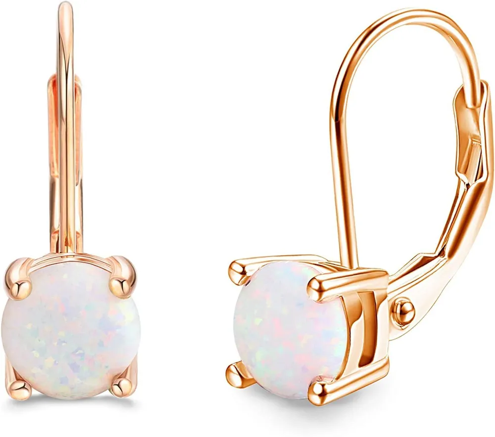 Opal Dangle Earrings 14K Gold Plated Sterling Round-Cut Synthetic Opal Drop Leverback Earrings for Women - Grocery