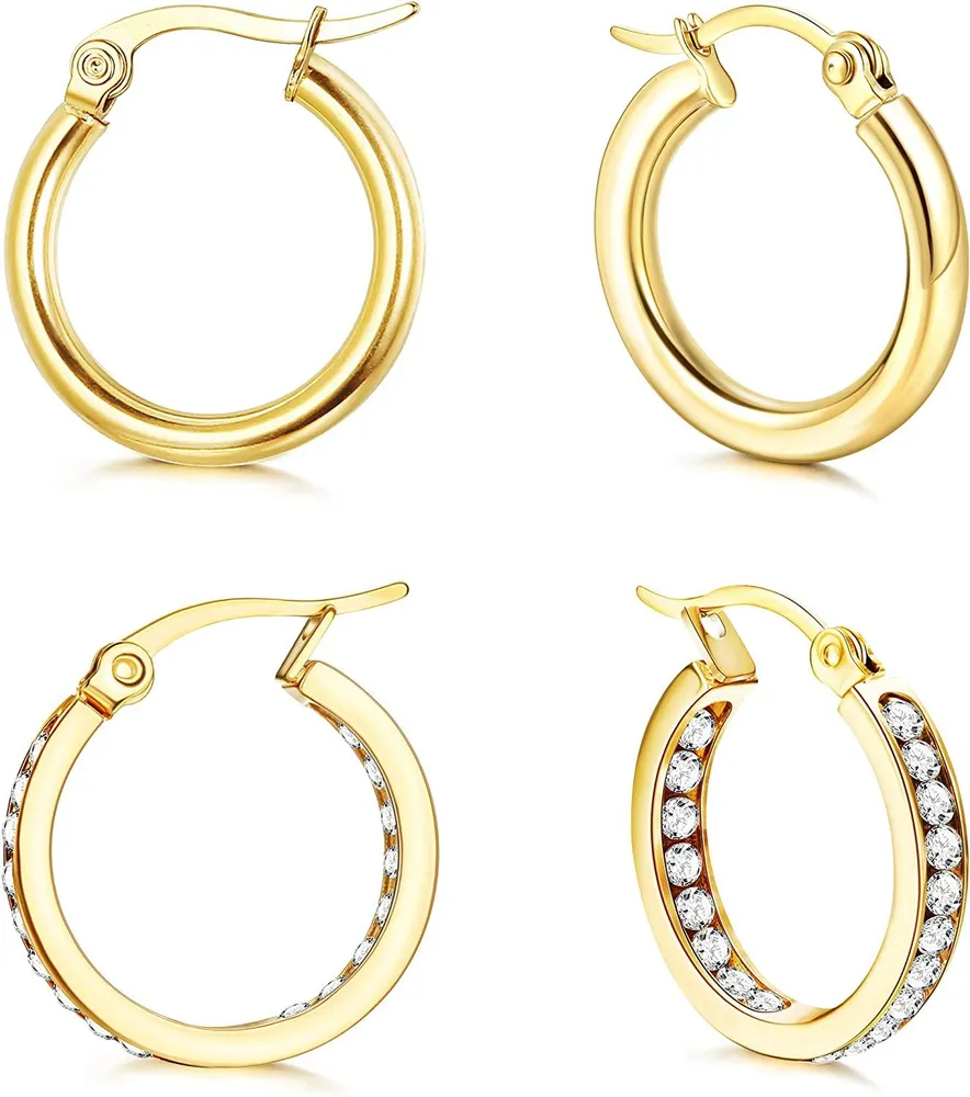 2 Pairs Stainless Gold Sliver Plated Hoop Earrings For Women Men Cute Small Huggie Earrings Big Click-Top CZ Hoop Earrings Set - Grocery