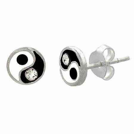 Sterling Silver CZ & Enamel Yin Yang Small Stud Earrings - Grocery