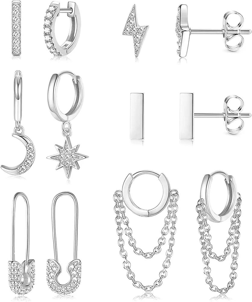 6 Pairs Huggie Hoop Earrings for Women Men Moon and Star Dangle Earrings Studs Set for Women - Grocery
