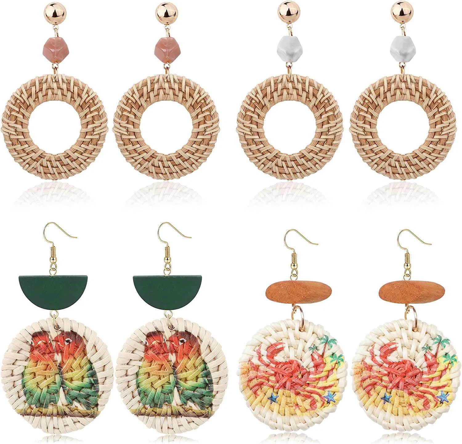 4Pairs Handmade Rattan Dangle Earrings for Women Lightweight Animals Print Statement Hoop Earrings Set - Grocery