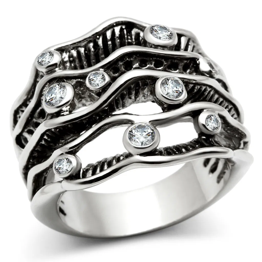 3W221 - Rhodium Brass Ring with AAA Grade CZ in Clear - Grocery