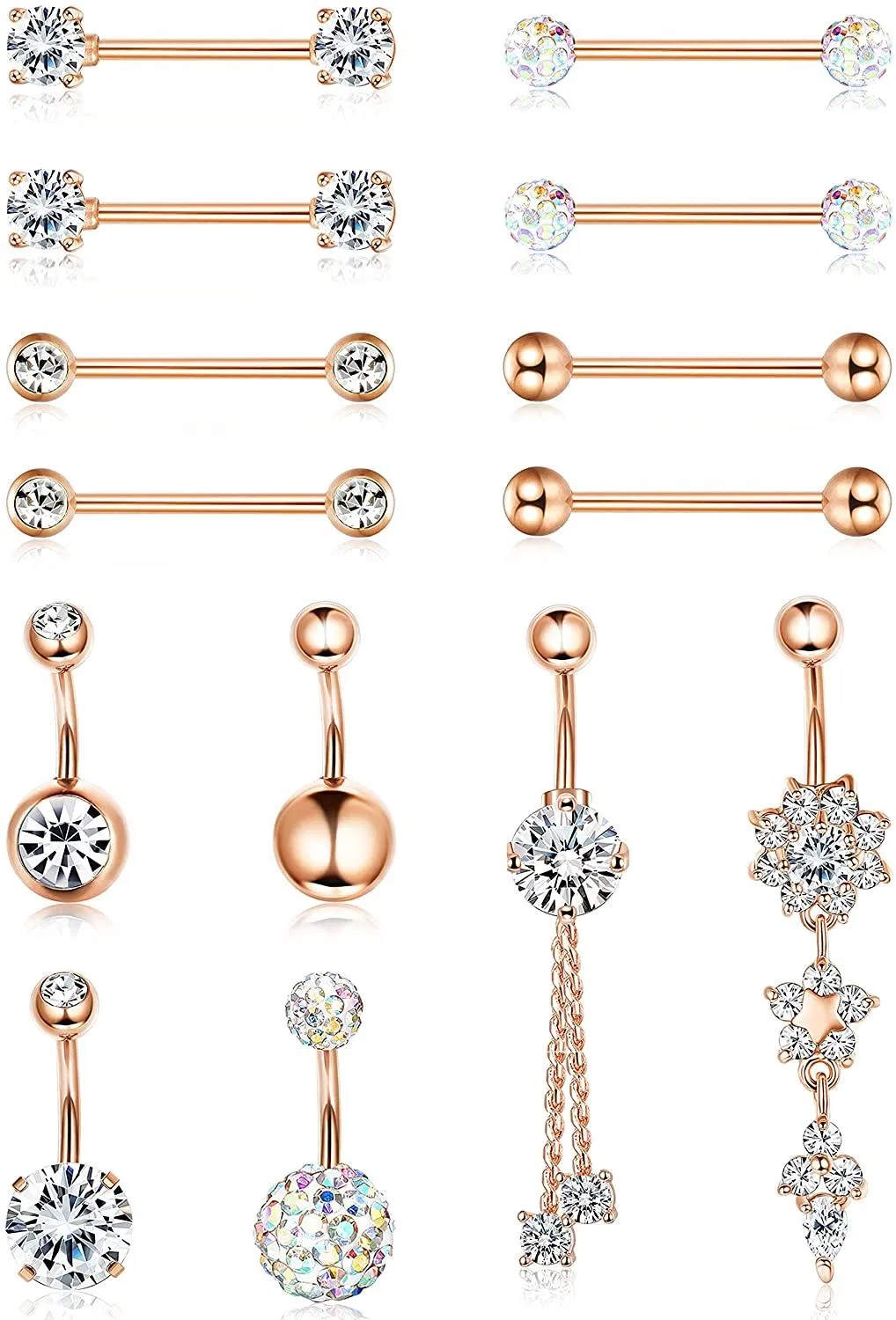 Rings Dangle Belly Button Rings for Women 14G 316L Surgical Steel Curved Navel Barbell CZ Tongue Rings Nipple Piercing Jewelry - Grocery