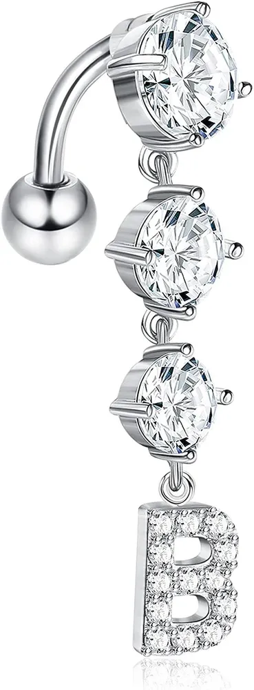 Women's 14G Initial Dangle Belly Button Rings Stainless Reverse Curved Navel Rings Sparkled CZ Letter Belly Piercing Jewelry - Grocery