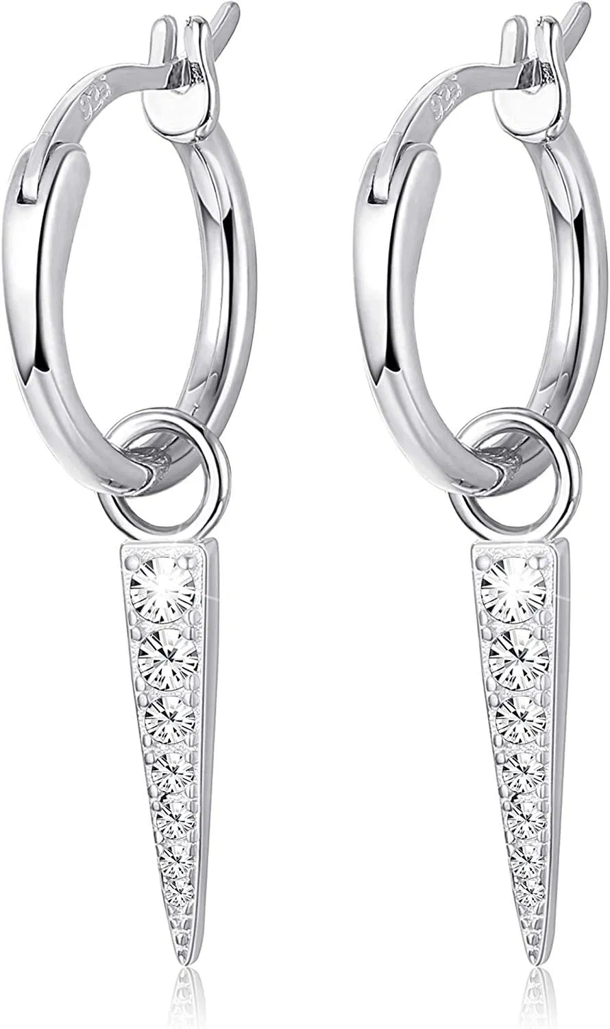 925 Sterling Silver Spike Huggie Hoop Earrings for Women Cubic Zirconia Triangle Dangle Hoop Earrings White Gold Plated - Grocery