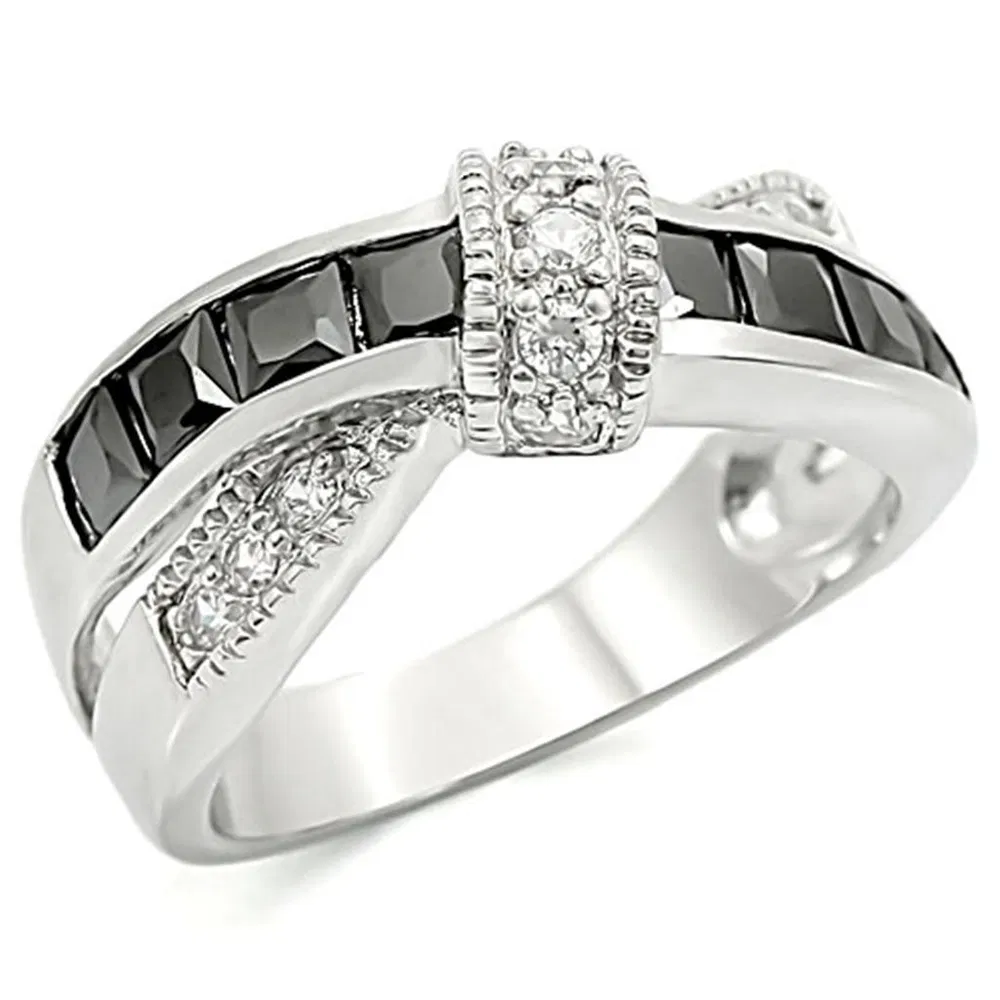 TK1494 - High polished (no plating) Stainless Steel Ring with AAA Grade CZ in Jet - Grocery