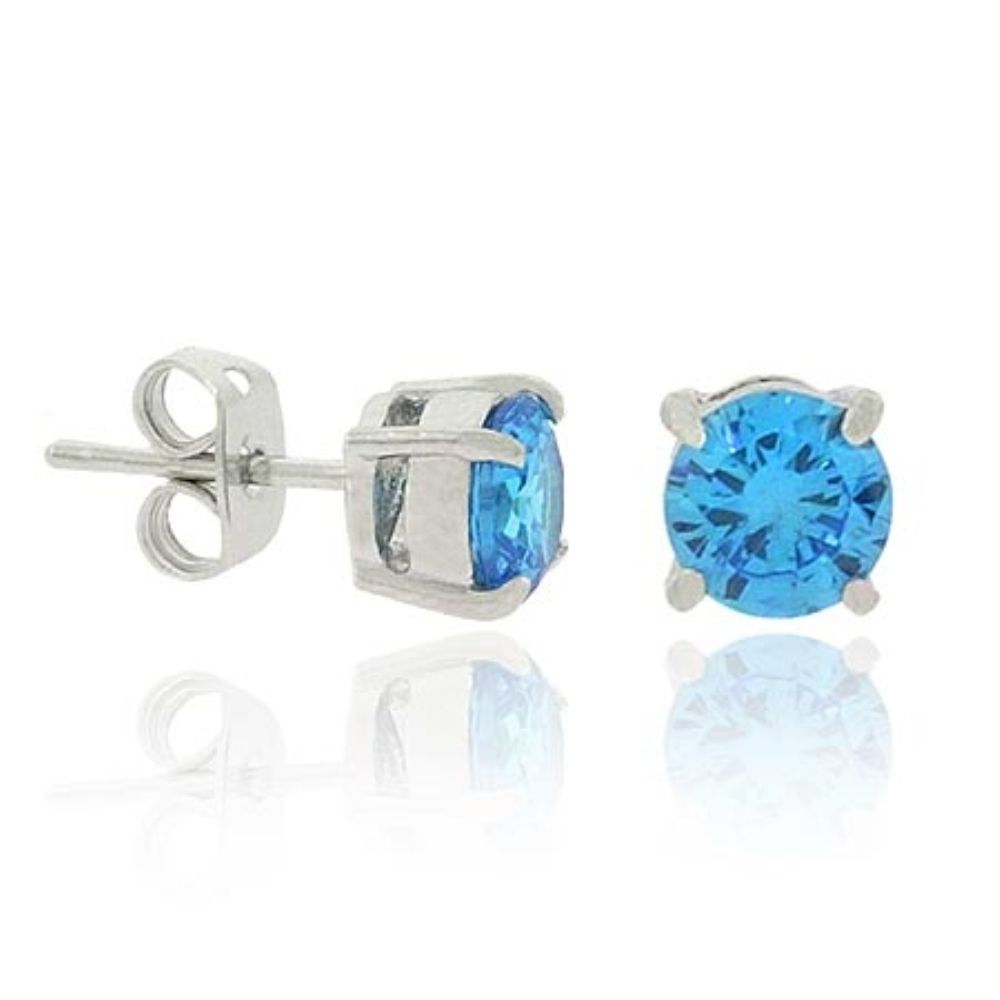 Sterling Silver .925 London Blue Cubic Zirconia cz Stone Prong 6mm Stud Earrings - Grocery