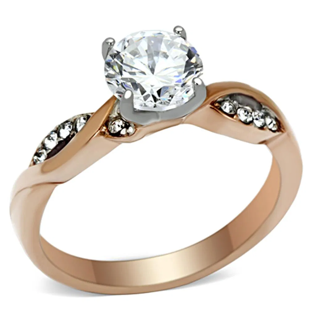 TK1163 - Two-Tone IP Rose Gold Stainless Steel Ring with AAA Grade CZ in Clear - Grocery