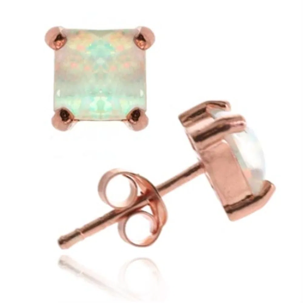 18K Rose Gold over Sterling Silver Created White Opal 6mm Square Stud Earring - Grocery