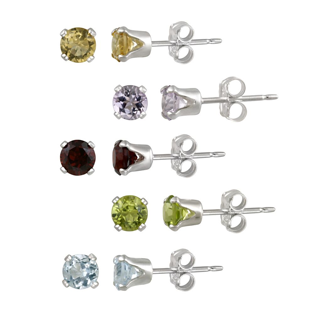 Sterling Silver 4mm Round Amethyst, Citrine, Peridot, Garnet, and Blue Topaz Stud Earring Set - Grocery