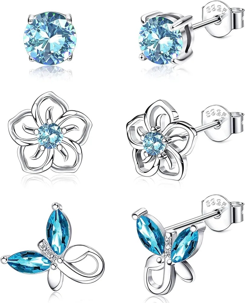 3Pairs 925 Sterling Birthstone Earrings 12 Months for Women Hypoallergenic Butterfly Flower Stud Earrings for Birthday Gift - Grocery