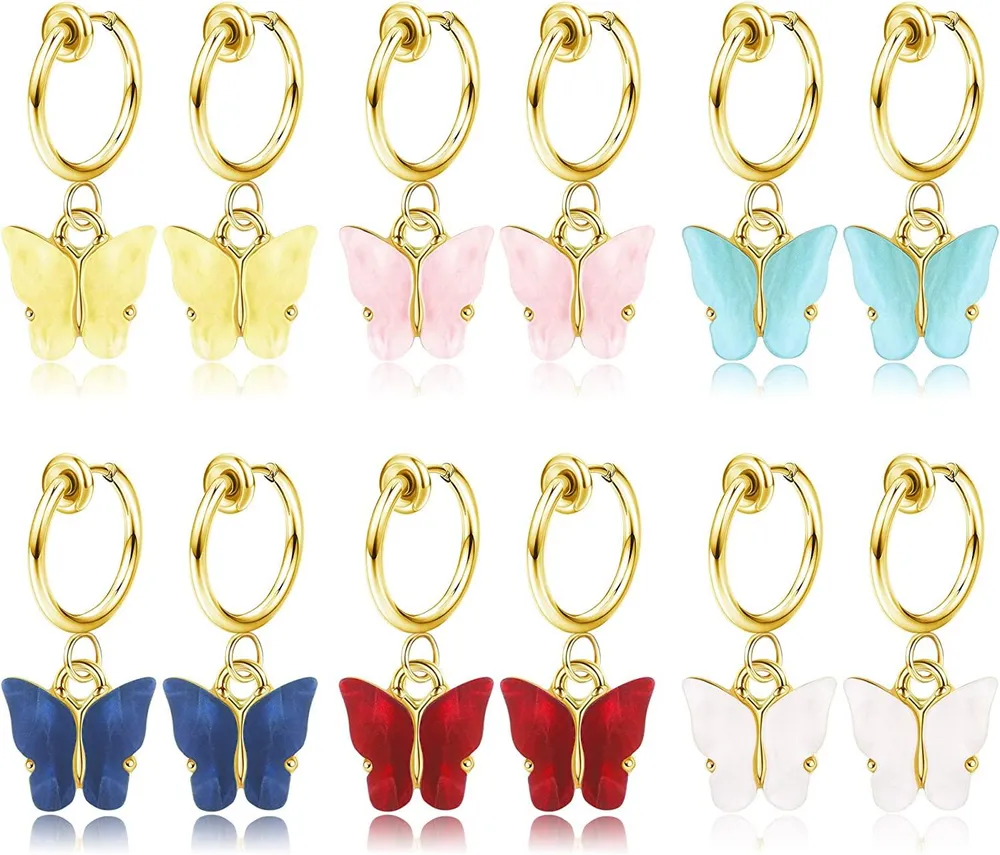 6 Pairs Butterfly Clip On Hoop Earrings for Women Drop Dangle Hoop Earrings Non Pierced Earrings Set - Grocery