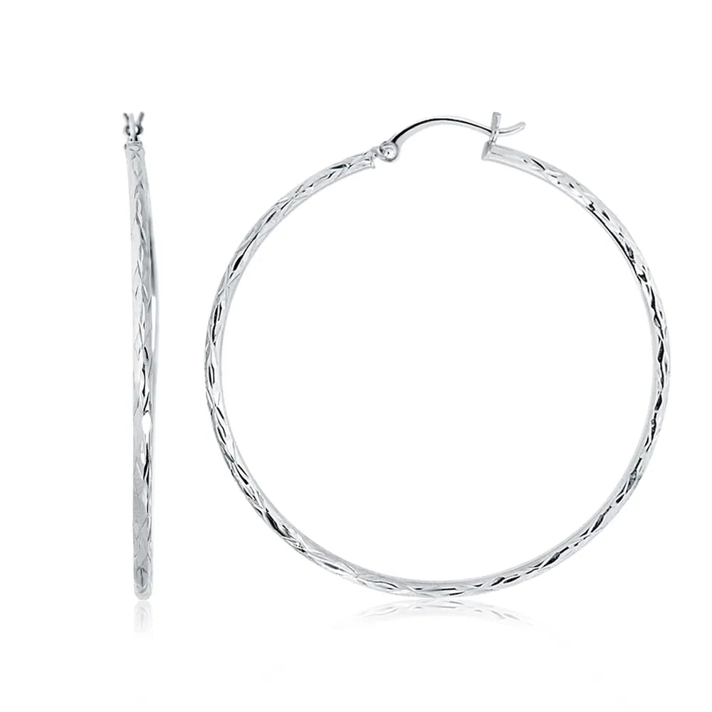 14k White Gold Diamond Cut Hoop Earrings (1 3/4 inch Diameter) - Grocery