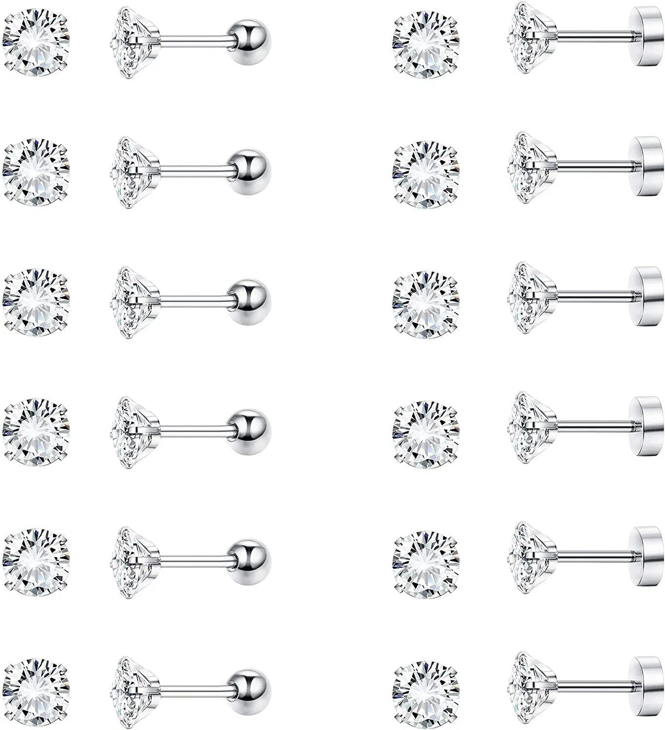 12 Pairs Stud Cartilage Earrings for Women Men Screw Barbell Flat Back Ear Piercing Set 18G Round CZ - Grocery