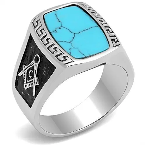 TK3044 - High polished (no plating) Stainless Steel Ring with Synthetic Turquoise in Sea Blue - Grocery
