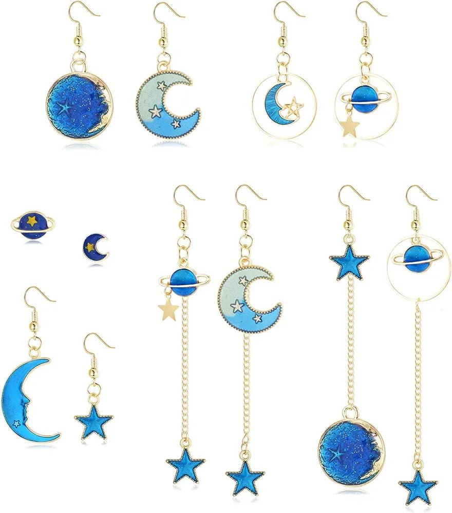 6 Pairs Moon Star Earth Planet Dangle Stud Earrings Asymmetrical Drop Hook Earrings Long Pendant Set for Women - Grocery
