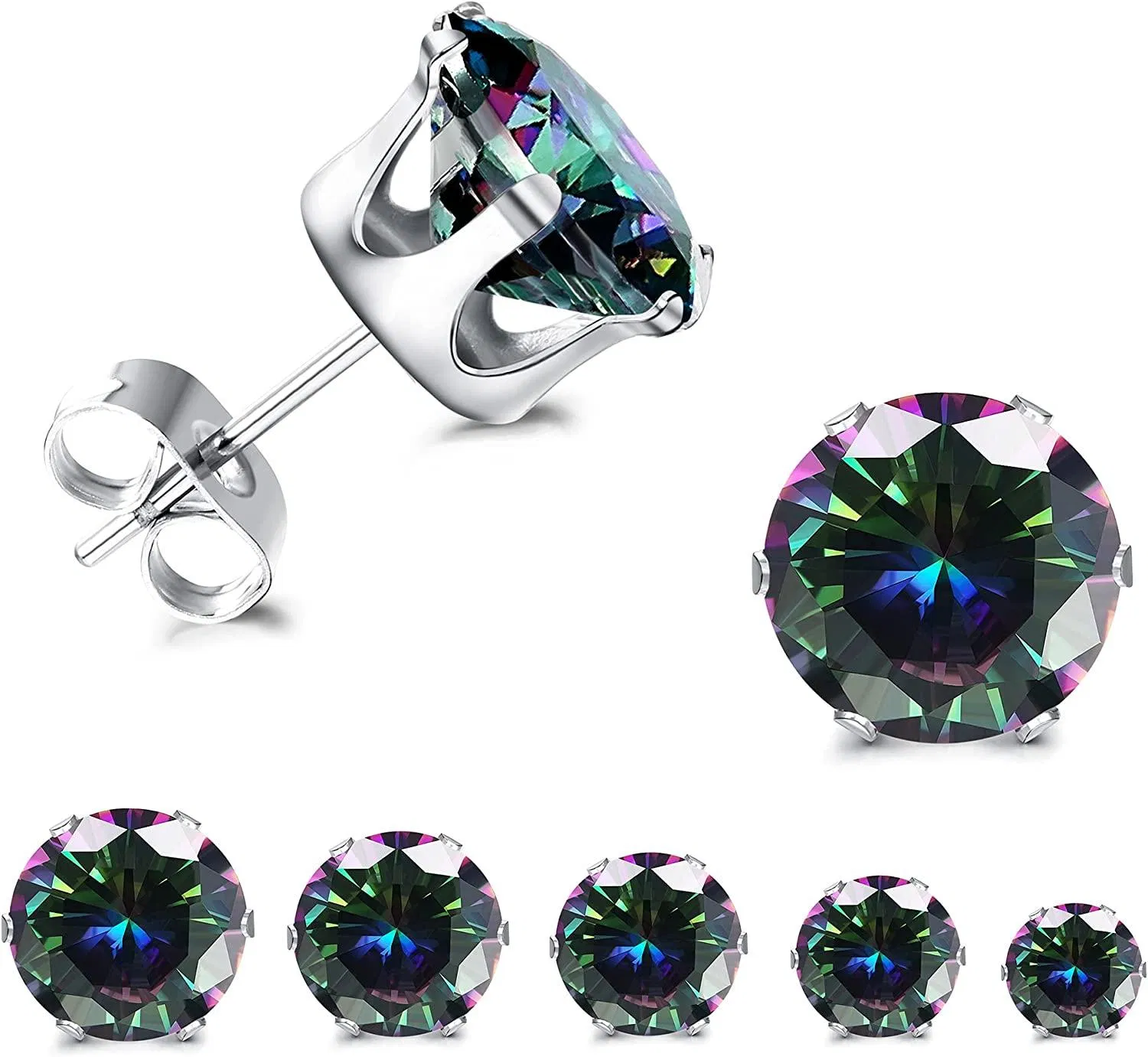 5 Pairs CZ Stud Earrings Set; Round Clear Cubic Zirconia 316L Stainless Earrings for Women 3-7mm - Grocery