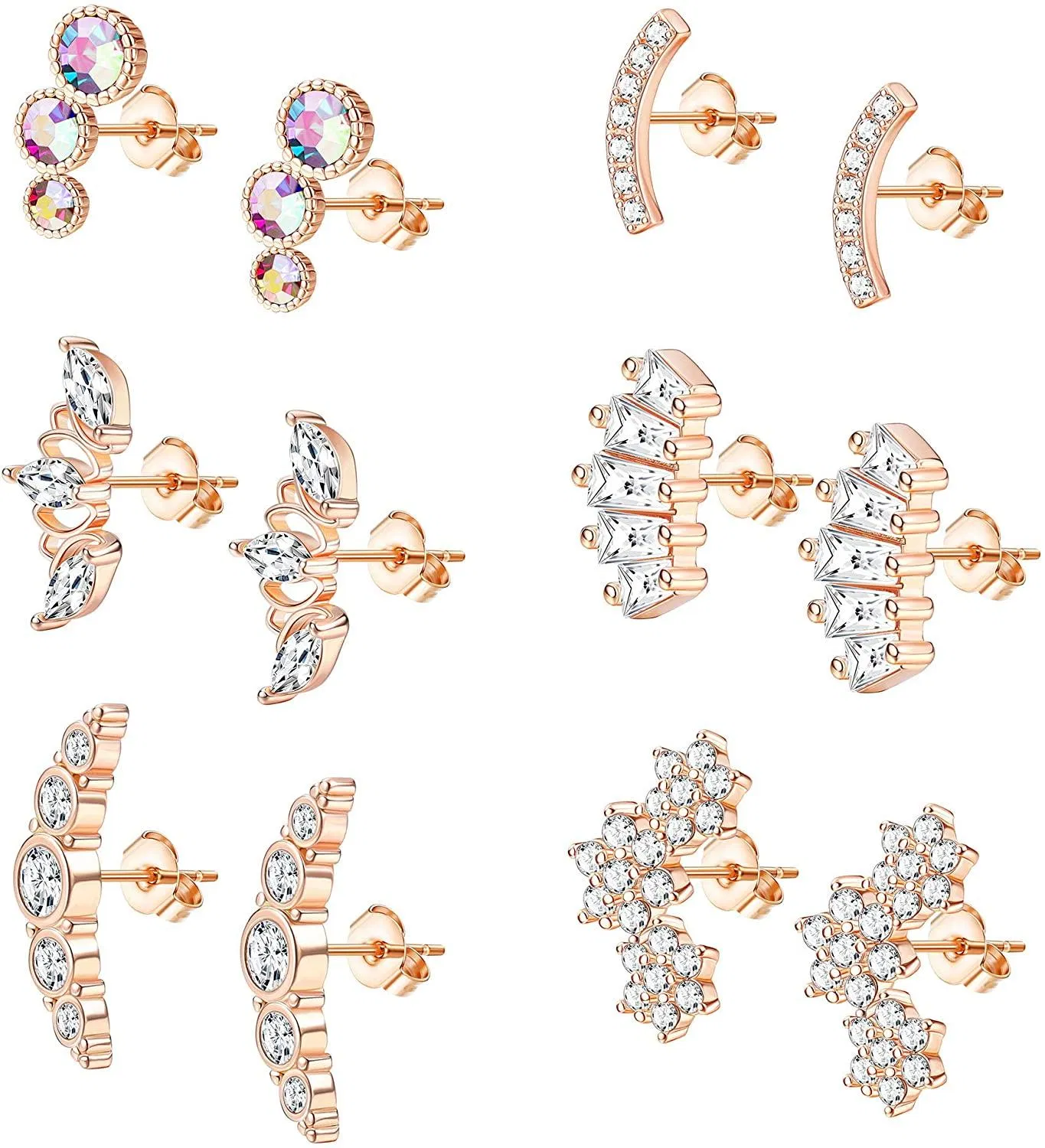 6 Pairs Stud Earrings for Women Helix Conch Cartilage Piercing Earrings Cubic Zirconia Inlaid Ear Climbers Crawler Earrings Set - Grocery