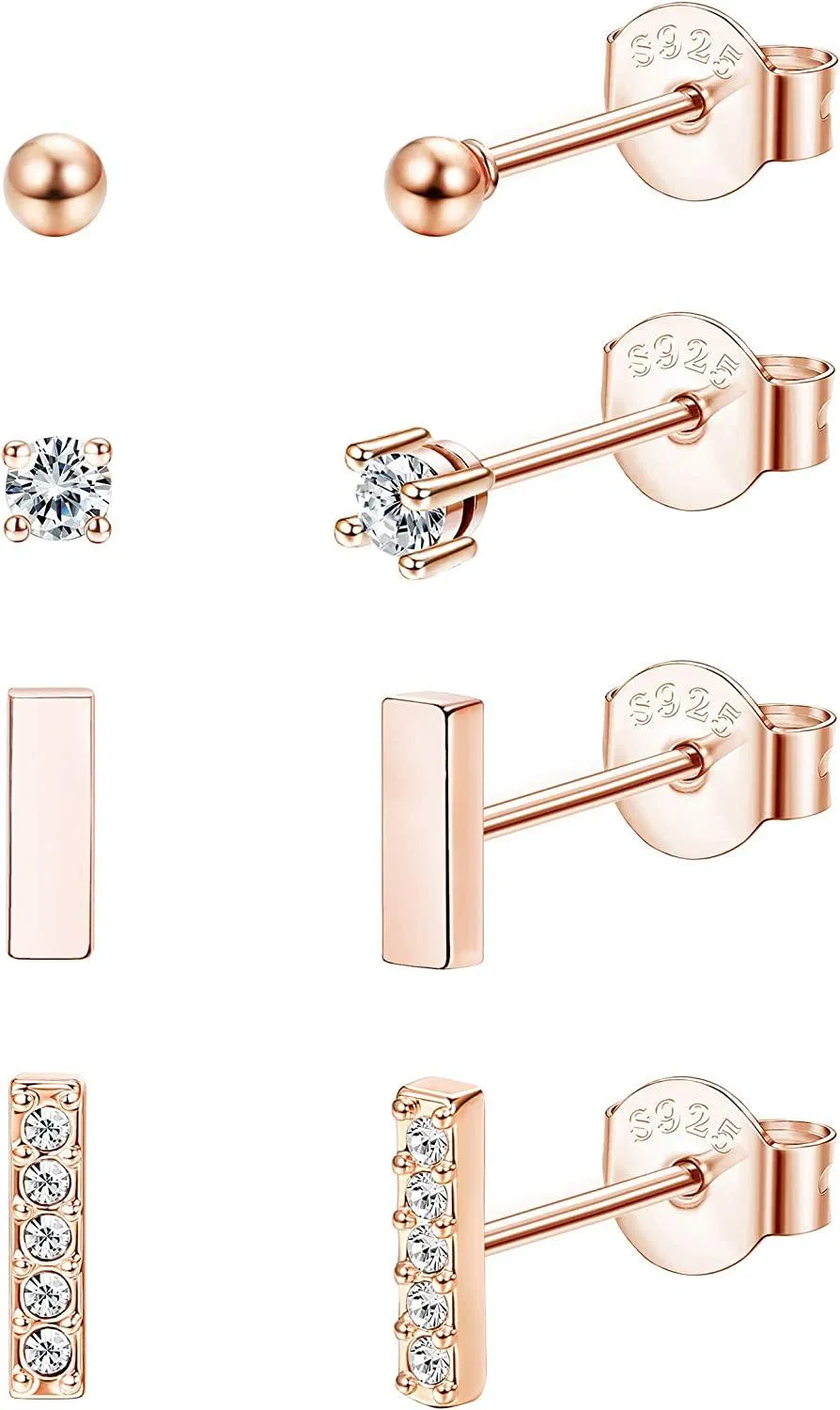 4 Pairs Small Stud Earrings for Women 925 Sterling Silver CZ Ball Bar Stud Earrings Tiny Earrings Set Gifts - Grocery