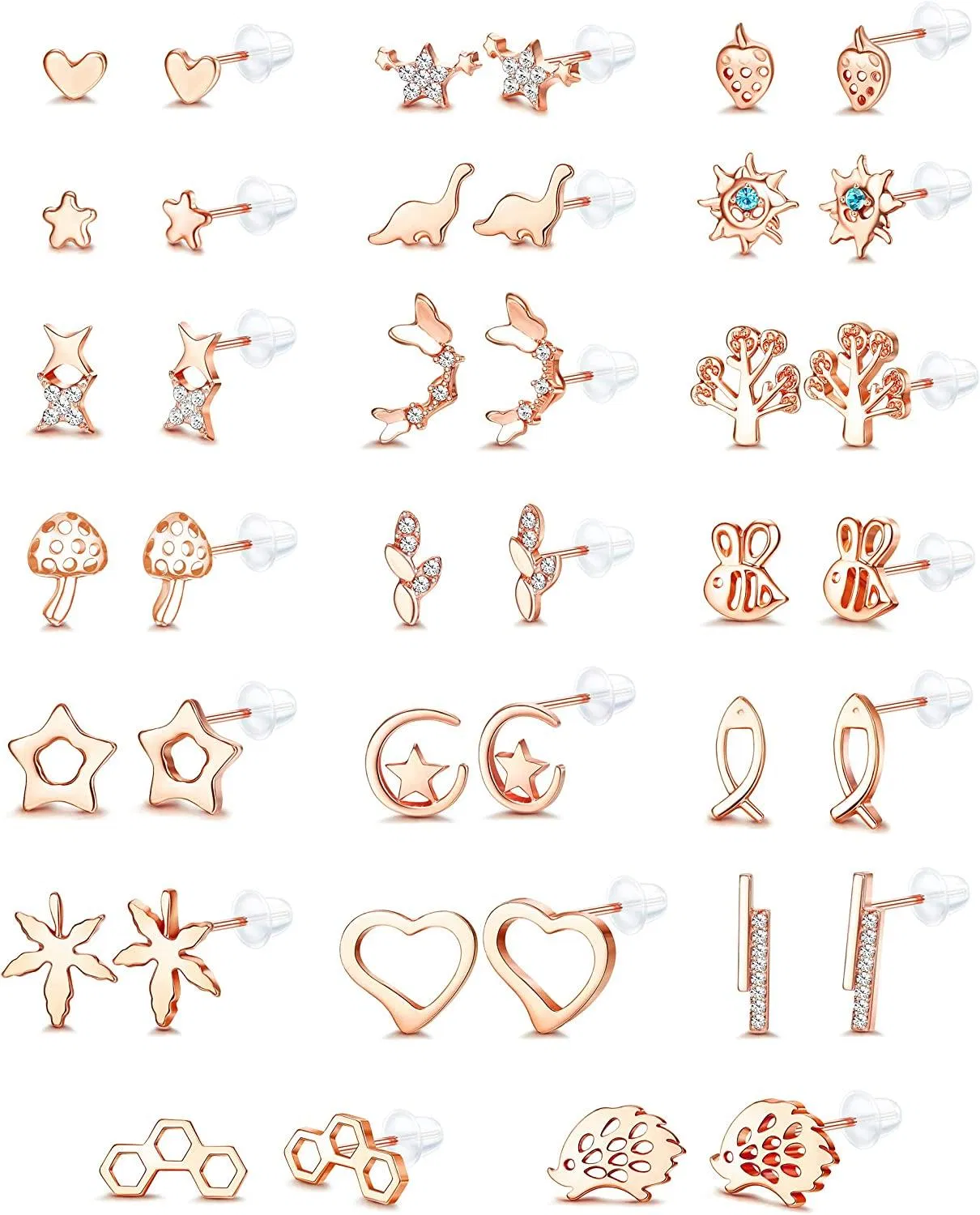 20Pairs Assorted Stainless Stud Earrings for Women Teens Heart Sun Star CZ Cute Animal Geometric Small Bar Stud Earring Set - Grocery