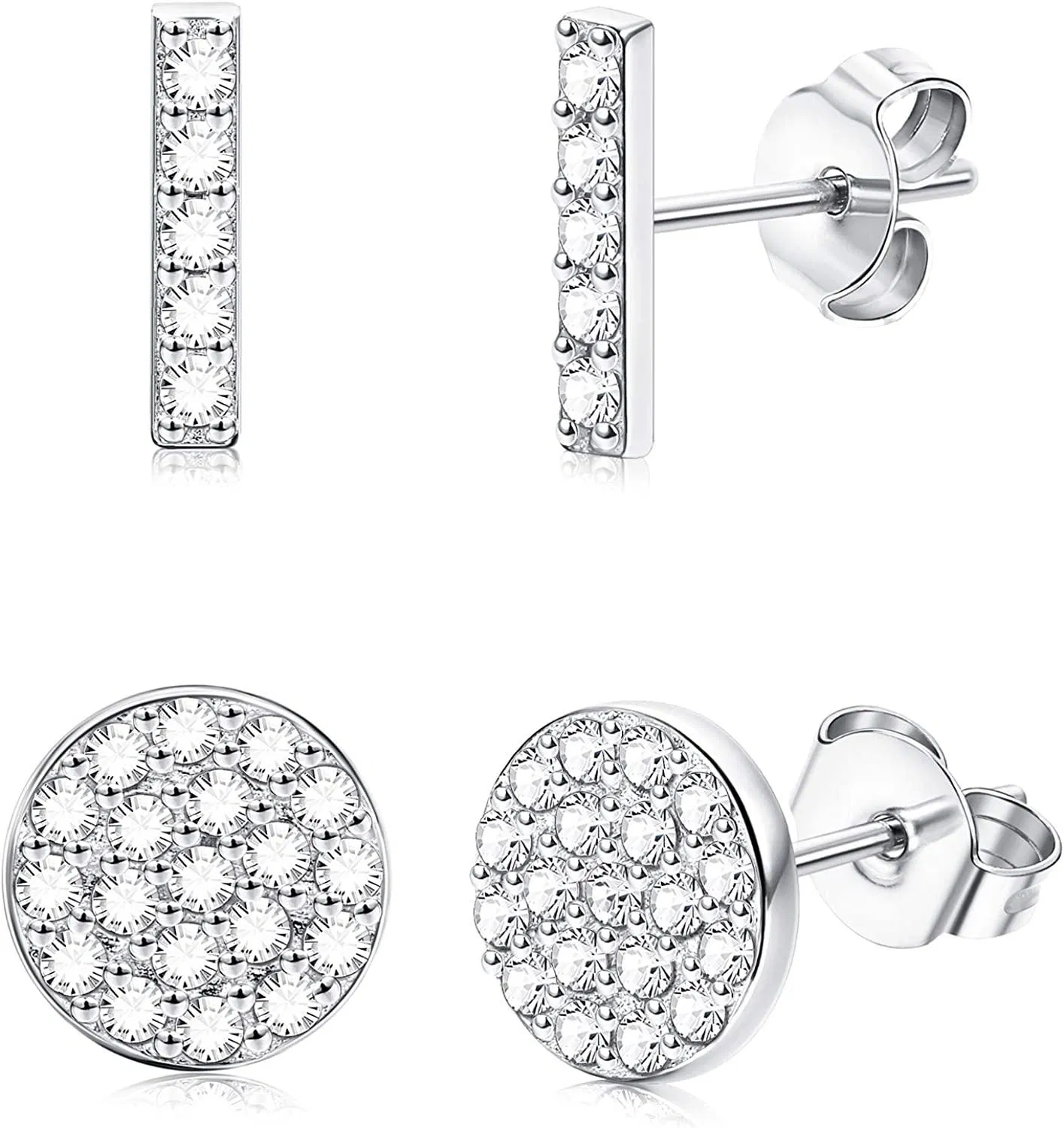 2 Pairs 925 Sterling Silver Bar Dot Stud Earrings Set for Women Men Simplify Round Stick Cylinder Earrings Hypoallergenic (C: CZ Circle And Line) - Grocery