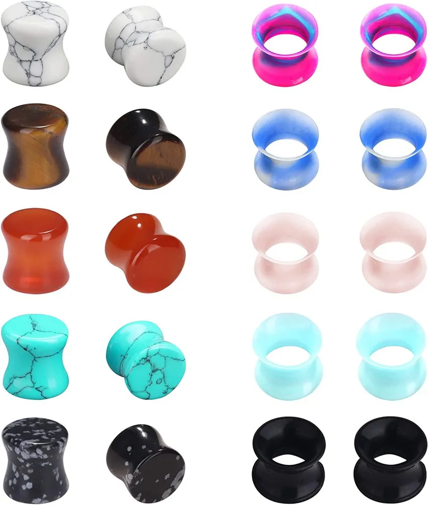 20Pcs Mixed Stone Ear Plugs Silicone Tunnels Gauges Double Flare Saddle Stretching Gauges Expander 0g 00g 1/2
