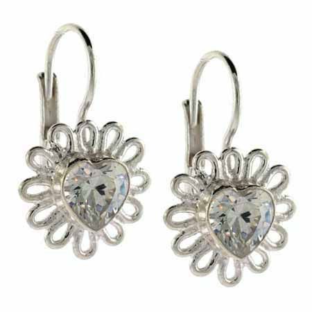 Sterling Silver CZ Heart Flower Leverback Earrings - Grocery