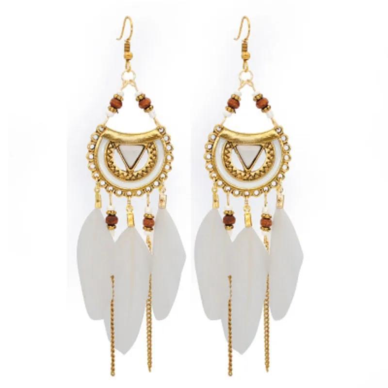 Vintage Bohemian Feather Tassel Dangle Earrings Hollow Out Drop Earrings for Women - Grocery