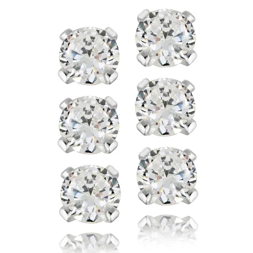 Sterling Silver 3mm CZ Stud Earrings, Set of 3 - Grocery