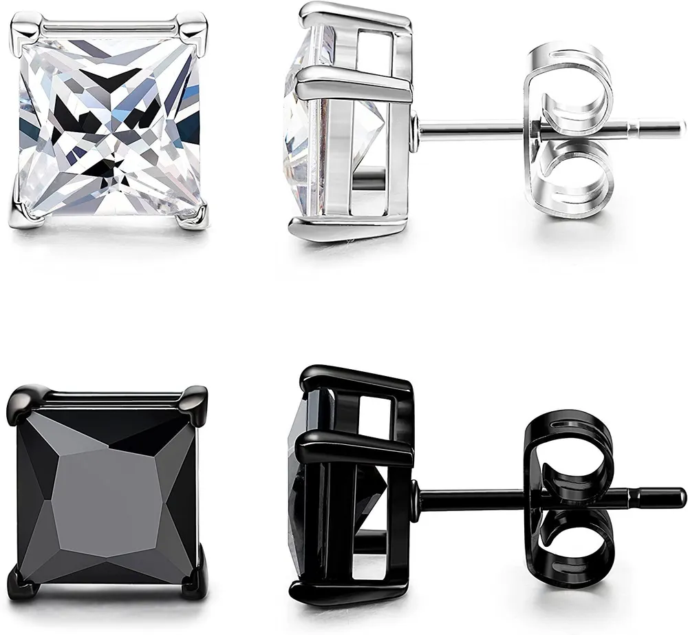 2 Pairs Mens Womens Stainless Stud Earrings Square Cubic Zirconia Earrings Pierced 3mm - Grocery