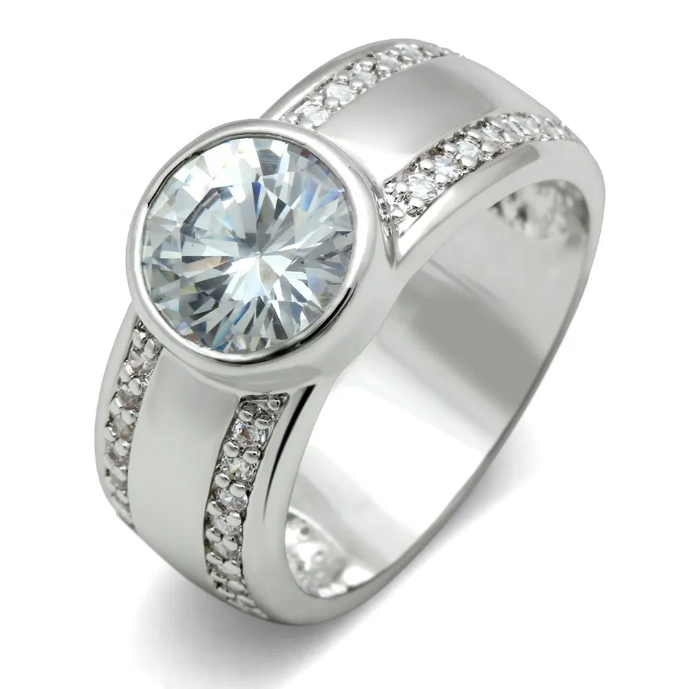 3W147 - Rhodium Brass Ring with AAA Grade CZ in Clear - Grocery