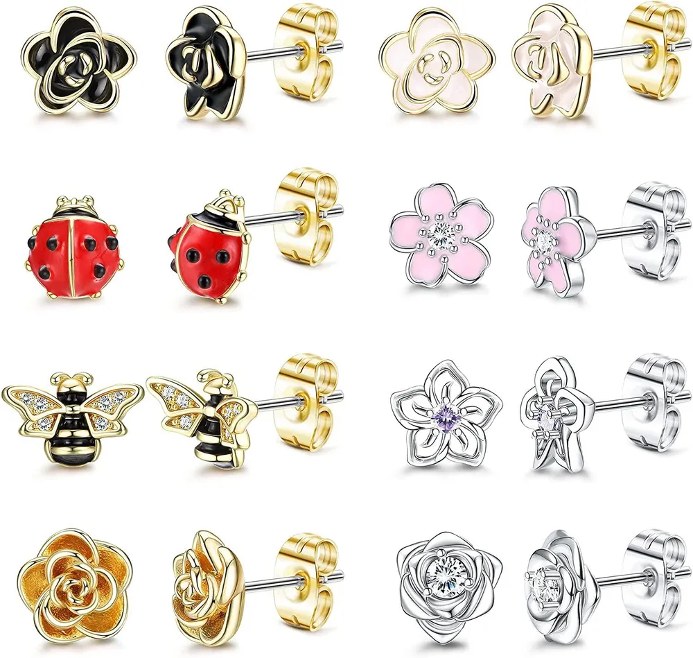 8 Pairs Stud Earrings for Women Flower Stud Earrings Set Ladybug Bee Animals Earrings Gift for Valentine's Day Birthday - Grocery