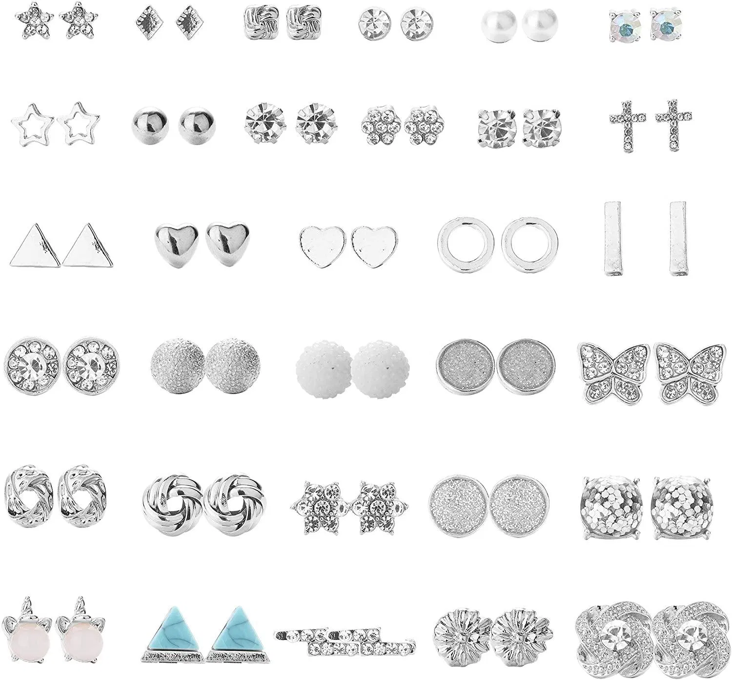 32 Pairs Assorted Stainless Stud Earrings for Women Faux Druzy Star CZ Twise Heart Mixed Boho Earrings Set for Multiple Piercing - Grocery