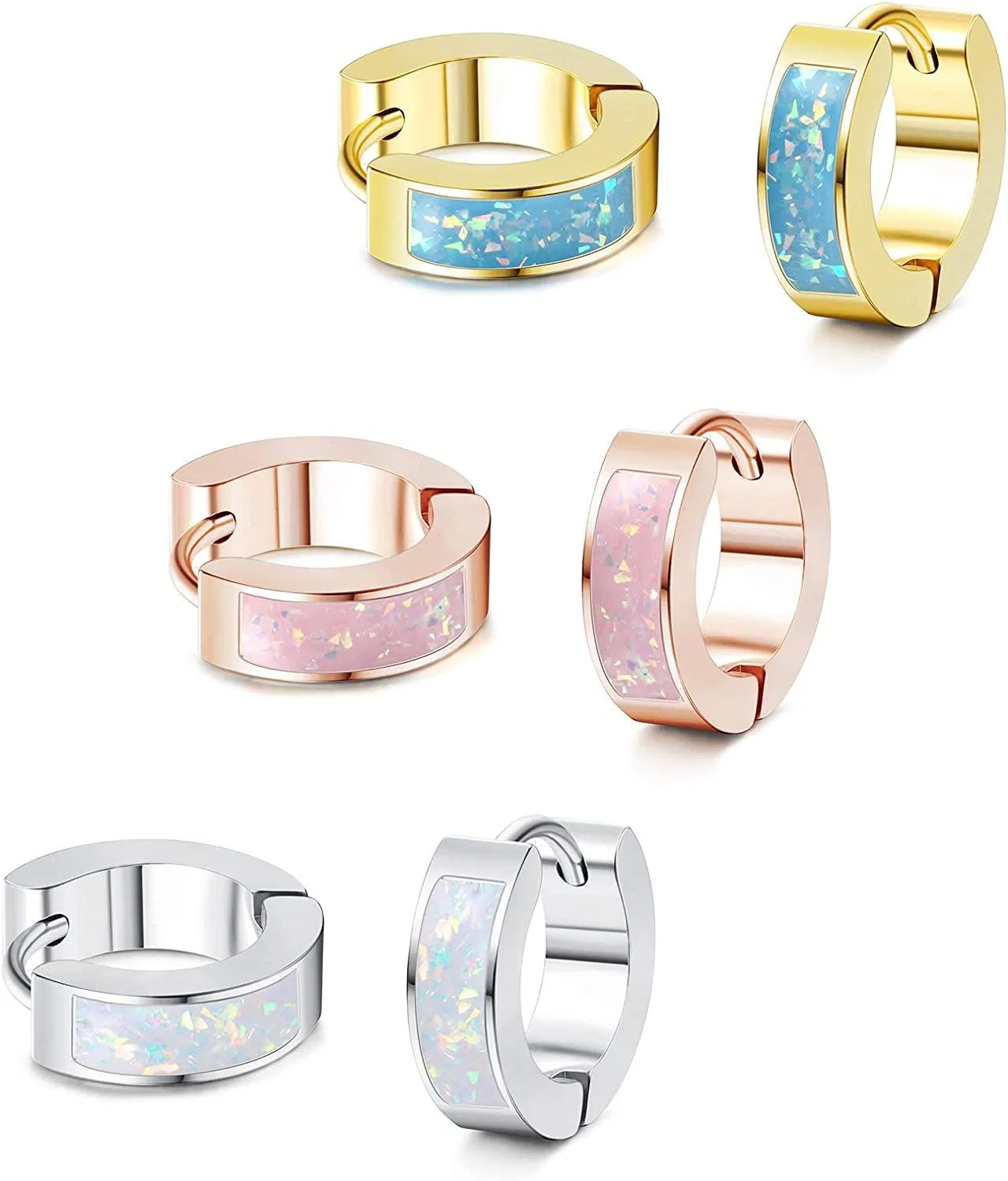 3 Pairs Small Huggie Hoop Chunky Earrings Set Simulated Opal Hinged Earrings Mini Cuff Earrings for Woman Men - Grocery