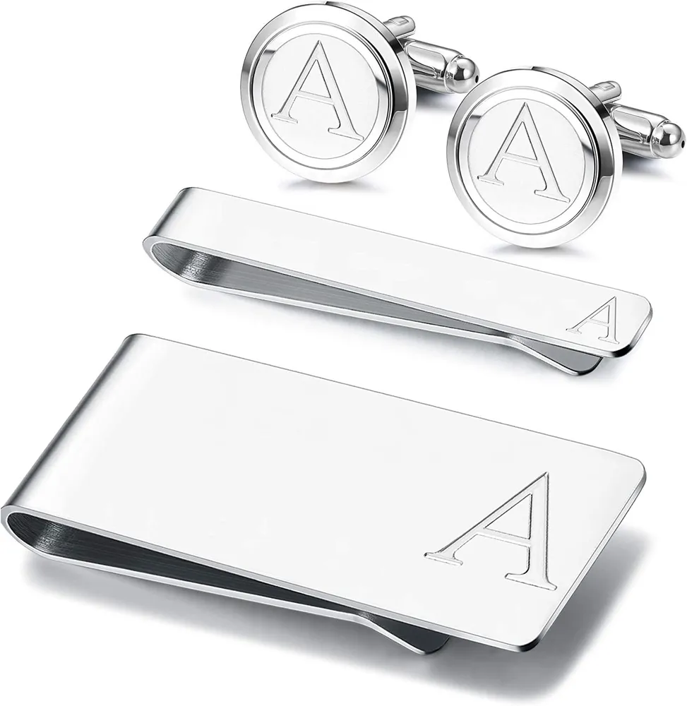 Cufflinks and Tie Clip Money Clip Set for Men Letter Alphabet Wedding Business - Grocery