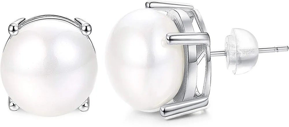 12mm Freshwater Pearl Stud Earrings for Women 925 Sterling Silver Pearl Earrings Gold Plated Hypoallergenic - Grocery