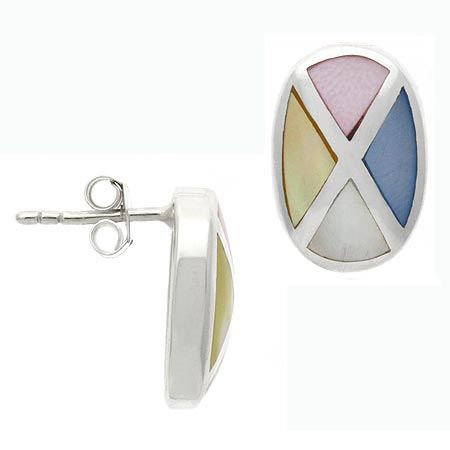 Sterling Silver White, Pink, Blue, and Yellow Shell Inlay Mosaic Earrings - Grocery