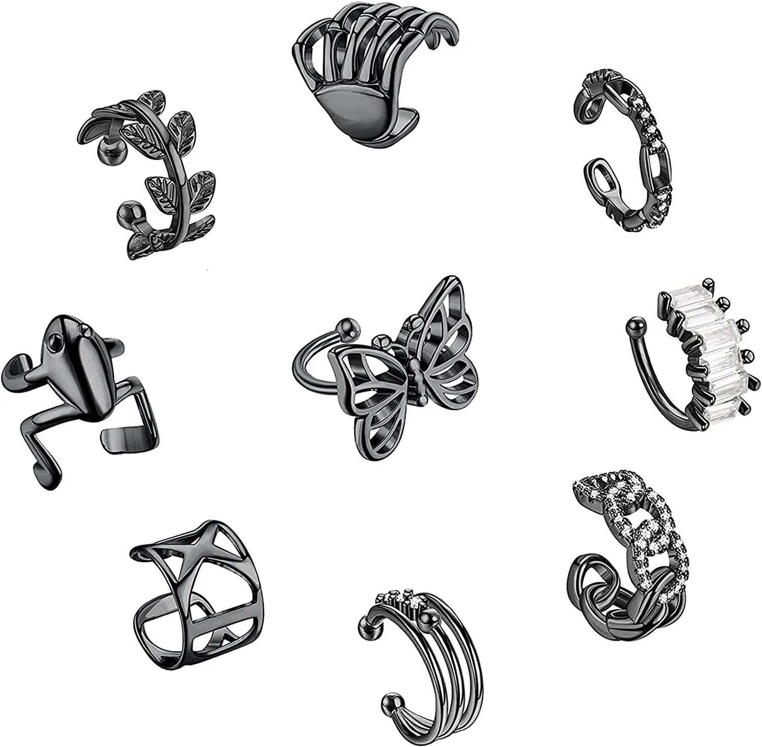 9 Pcs Vintage Cuff Earrings Set for Women No Piercing Cubic Zirconia Sparkling Cartilage Ear Cuffs Frog Butterfly Clip on Wrap Cuff Earrings - Grocery